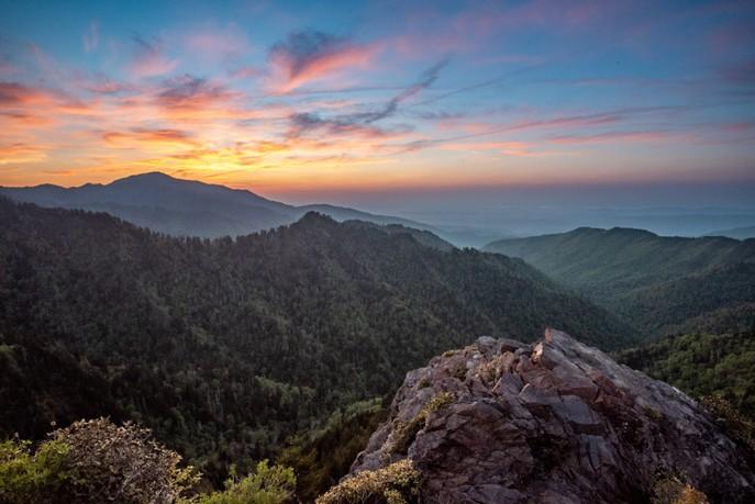 Sunset mountain view from a rocky overlook