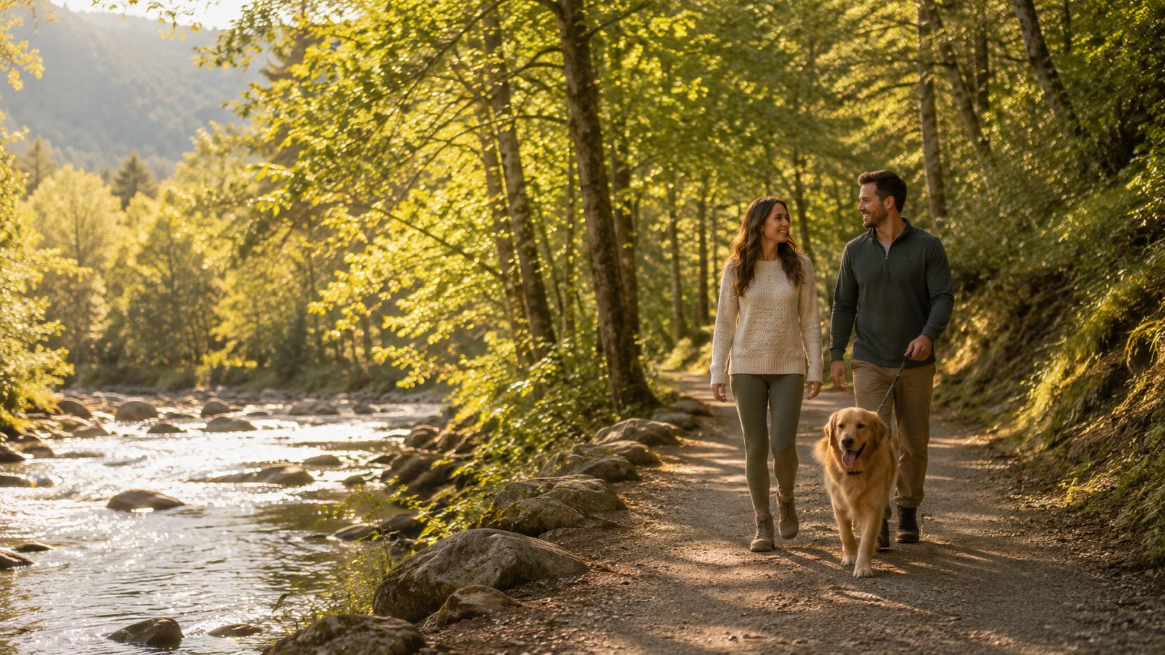 Couple walking a dog along a wooded riverside trail