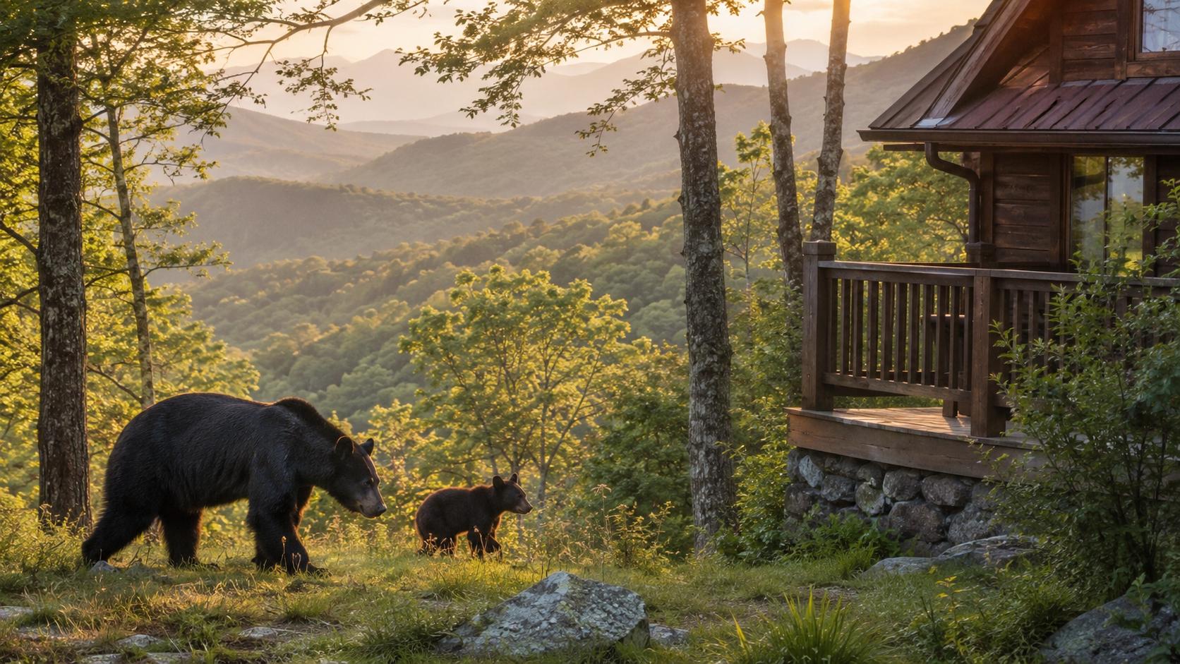 Black bears walking near a mountain cabin in the Smokies