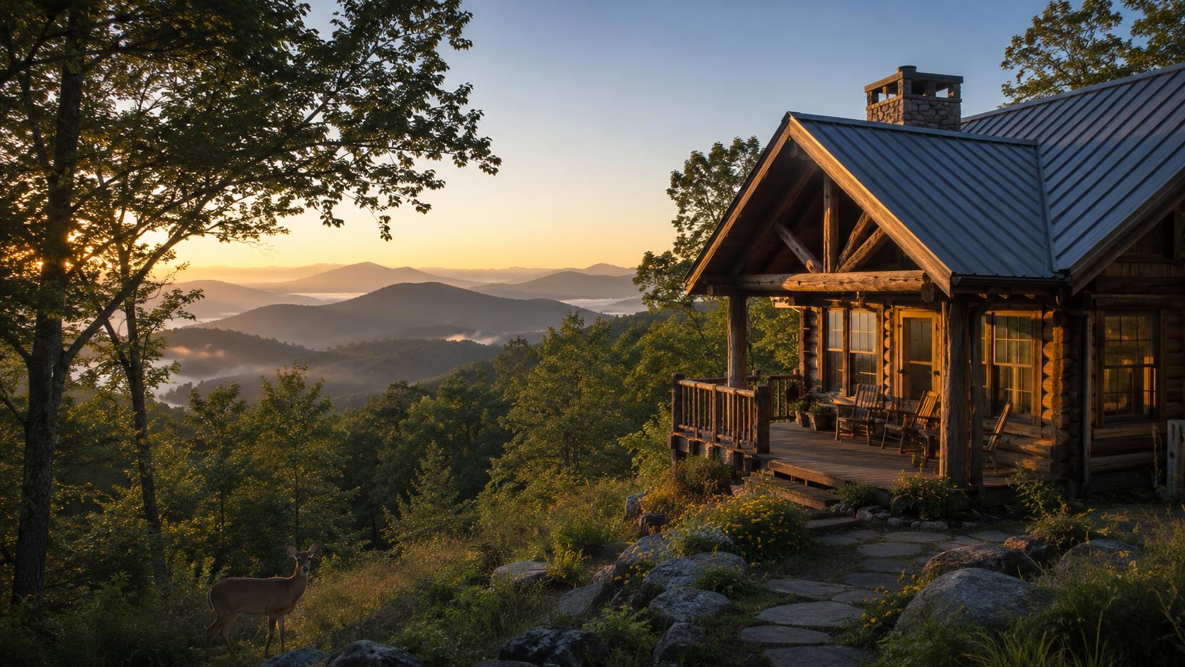 Cabin with a deer nearby and Smoky Mountain views