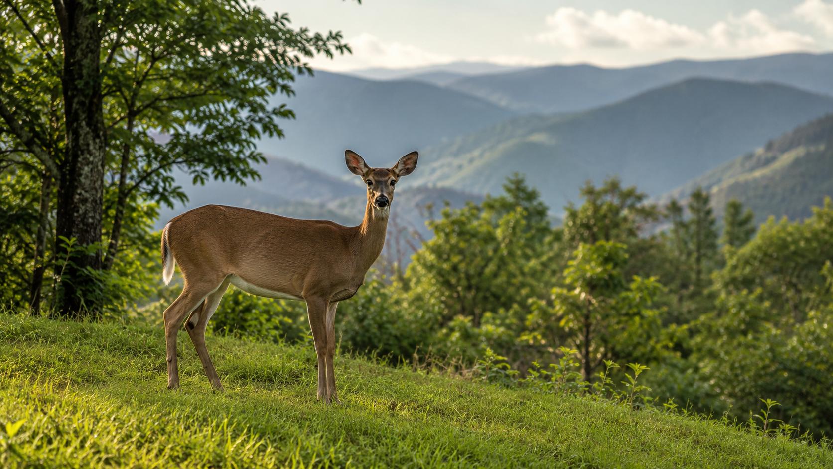 White-tailed deer standing with Smoky Mountain views