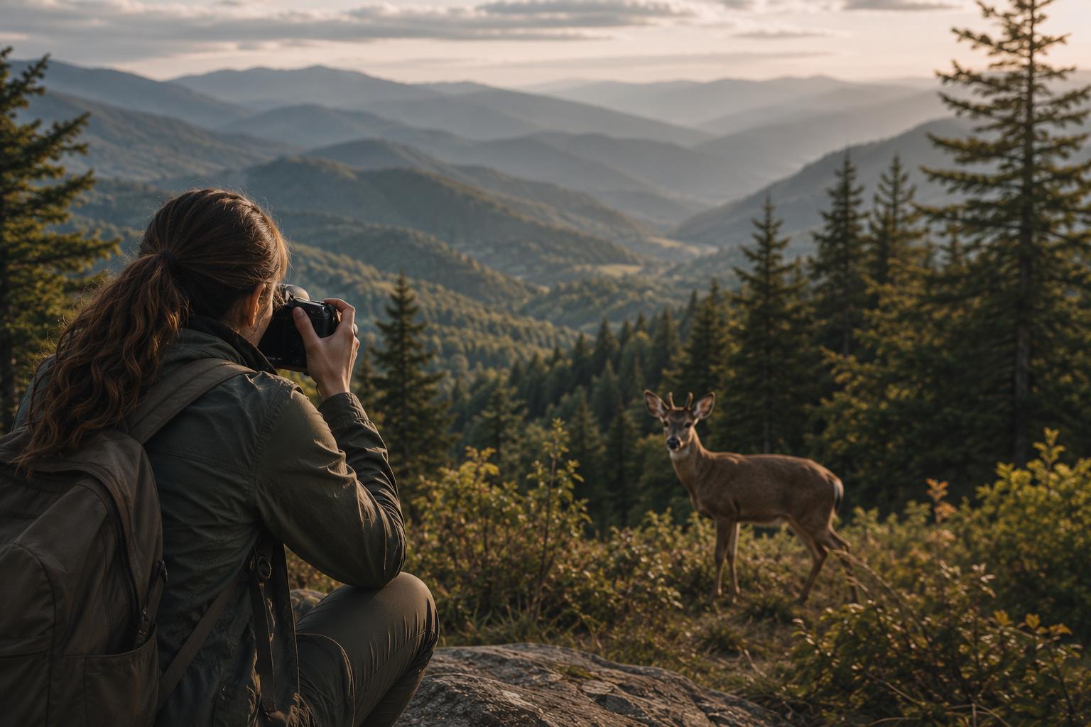 Visitor photographing wildlife from a respectful distance in the mountains