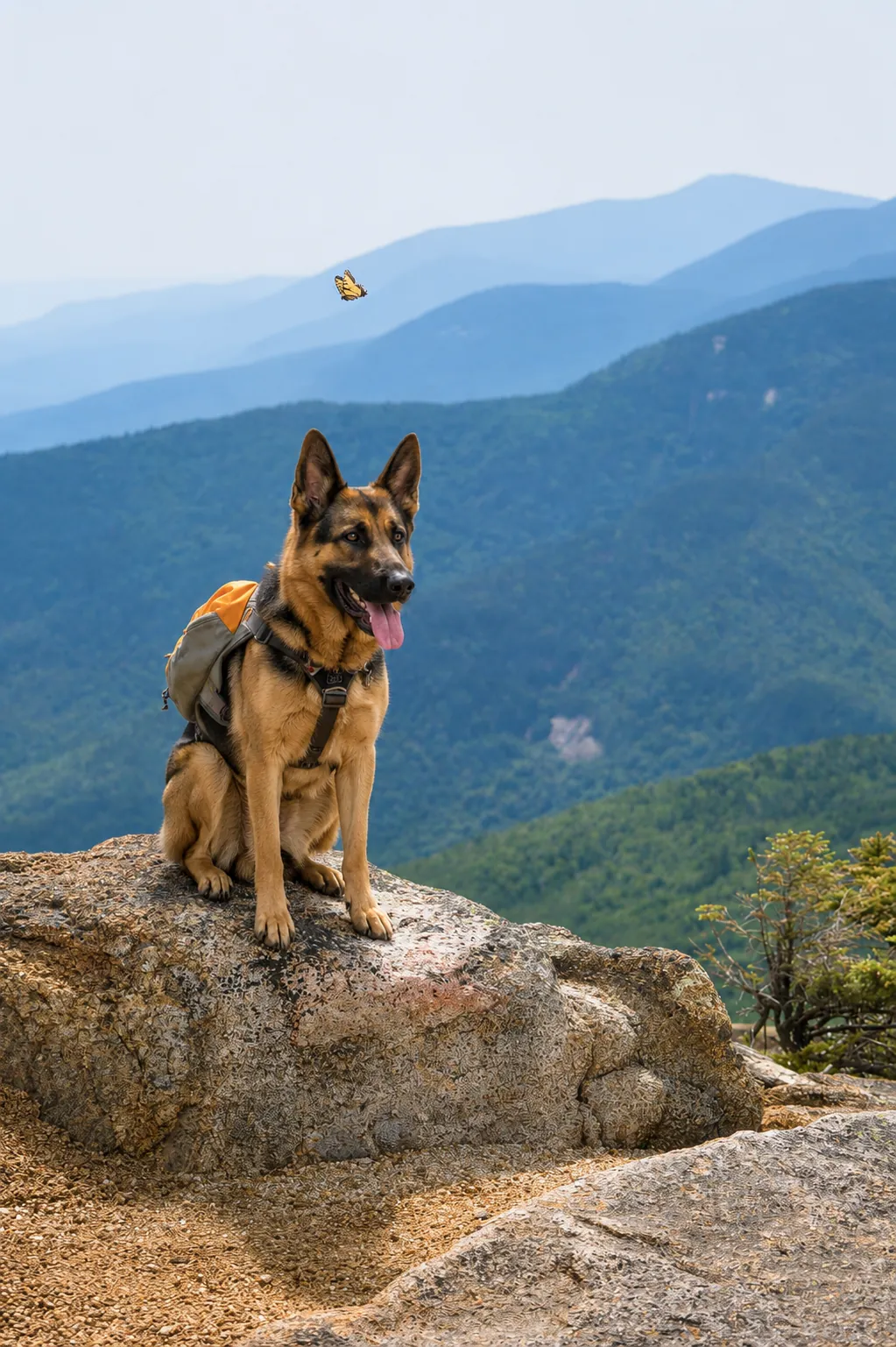 Dog hiking on a rocky overlook above the Smoky Mountains